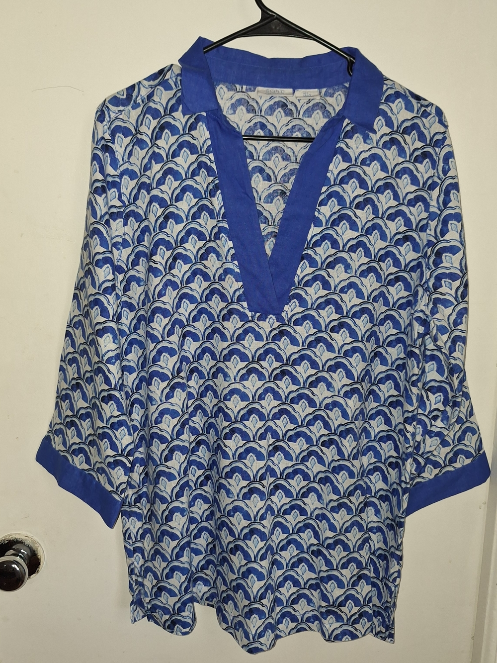 Sigrid Olsen Royal Blue Linen-Blend Top with Blue Print